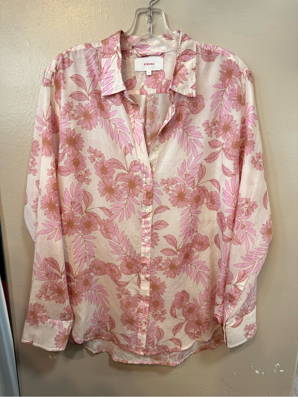 XiRENA Pink Floral Cotton Silk Button Down Blouse Shirt Size S